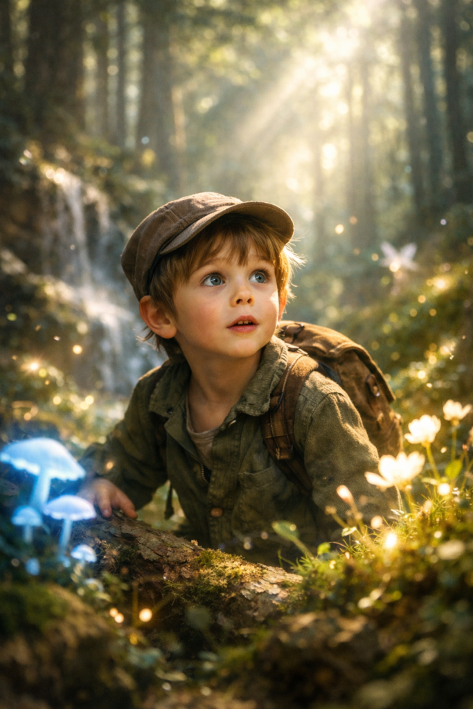 Child with Curious Expression, Exploring Magical Forest, Soft Dappled Light