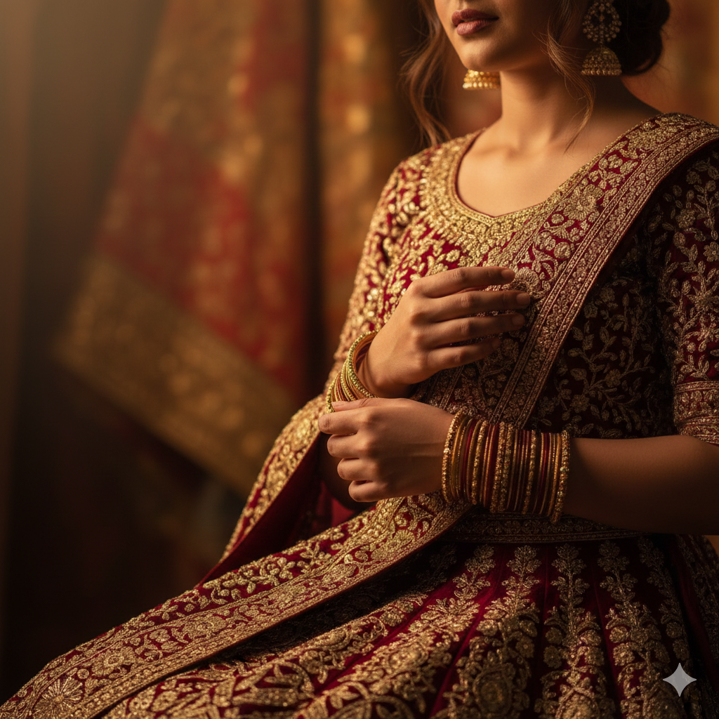 5. Girl in Lehenga with Warm Lighting and Rich Fabric Details