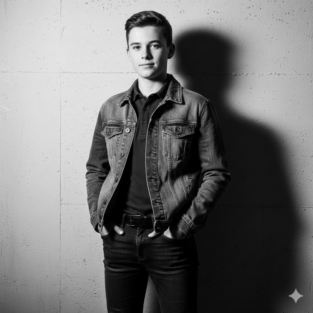 Confident Boy Pose in Black and White Photography Style