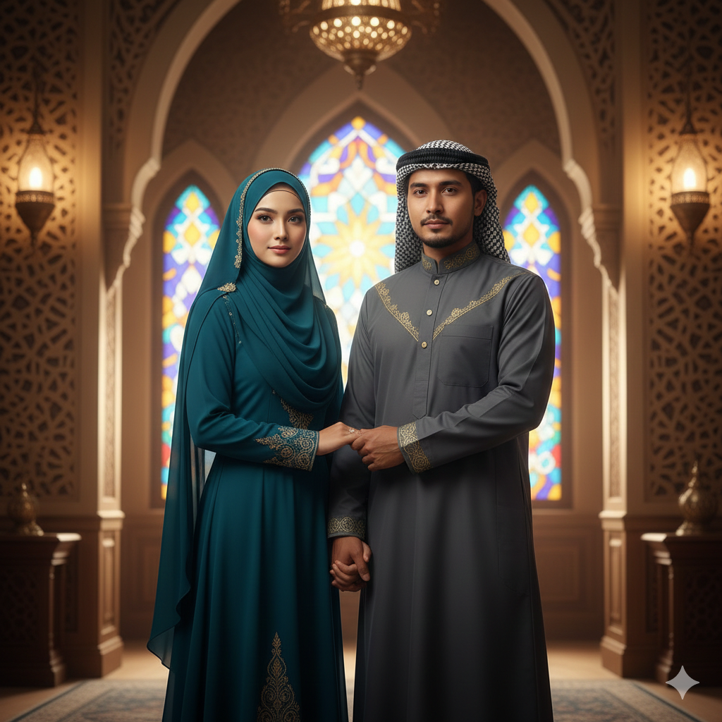 Muslim Couple Portrait with Peaceful and Respectful Pose