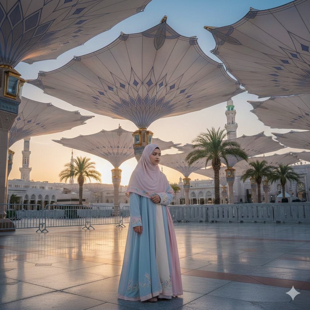 Peaceful Girl Portrait with Masjid an‑Nabawi Umbrellas
