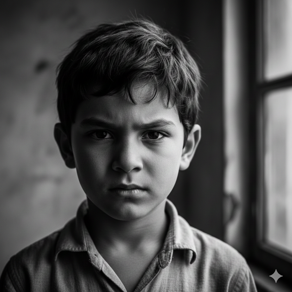 Black and White Portrait of a Boy with Strong Facial Expression