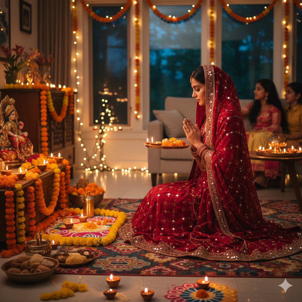 Girl in Cultural Dress Celebrating Diwali Indoors