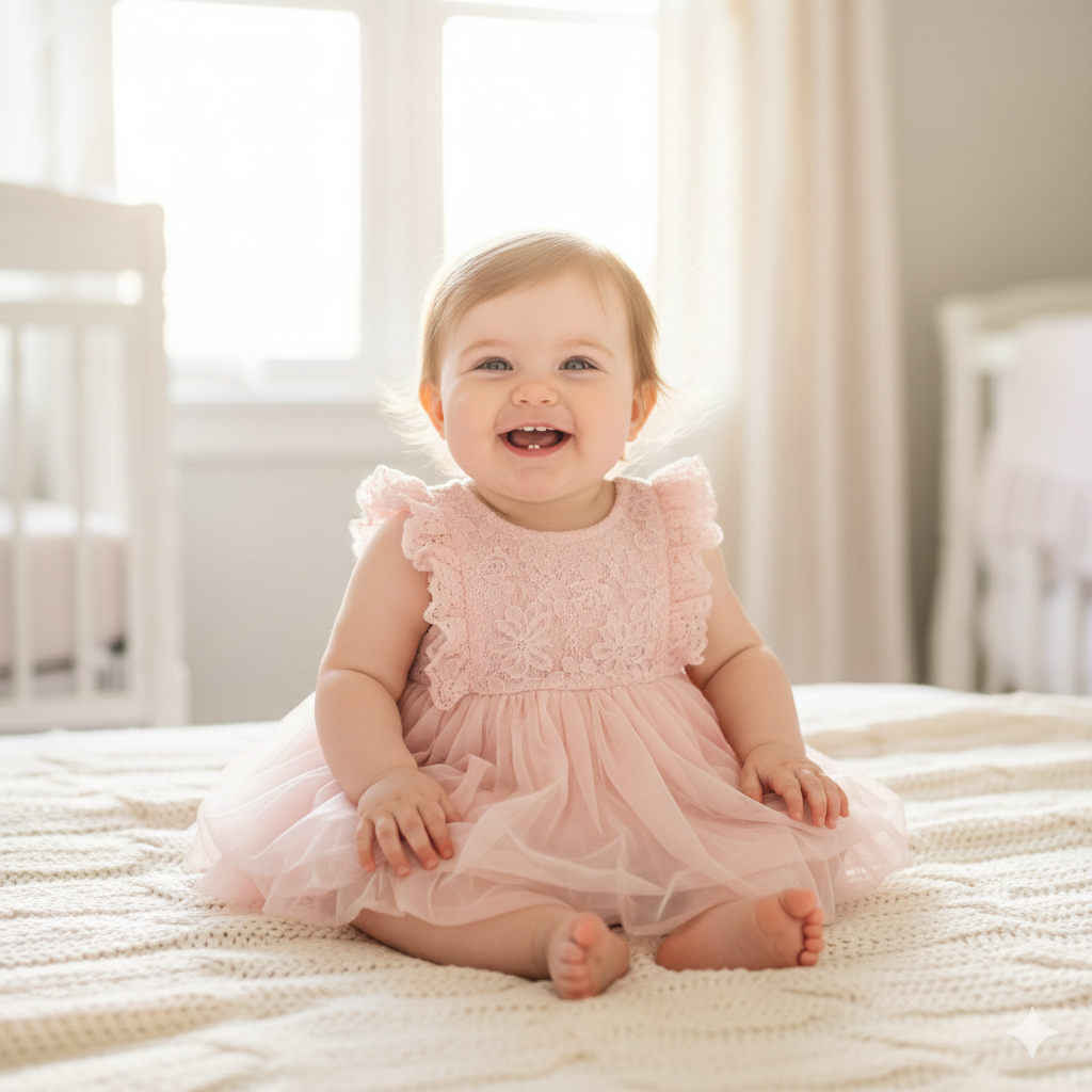 Baby Girl in Cute Dress with Soft Daylight Glow