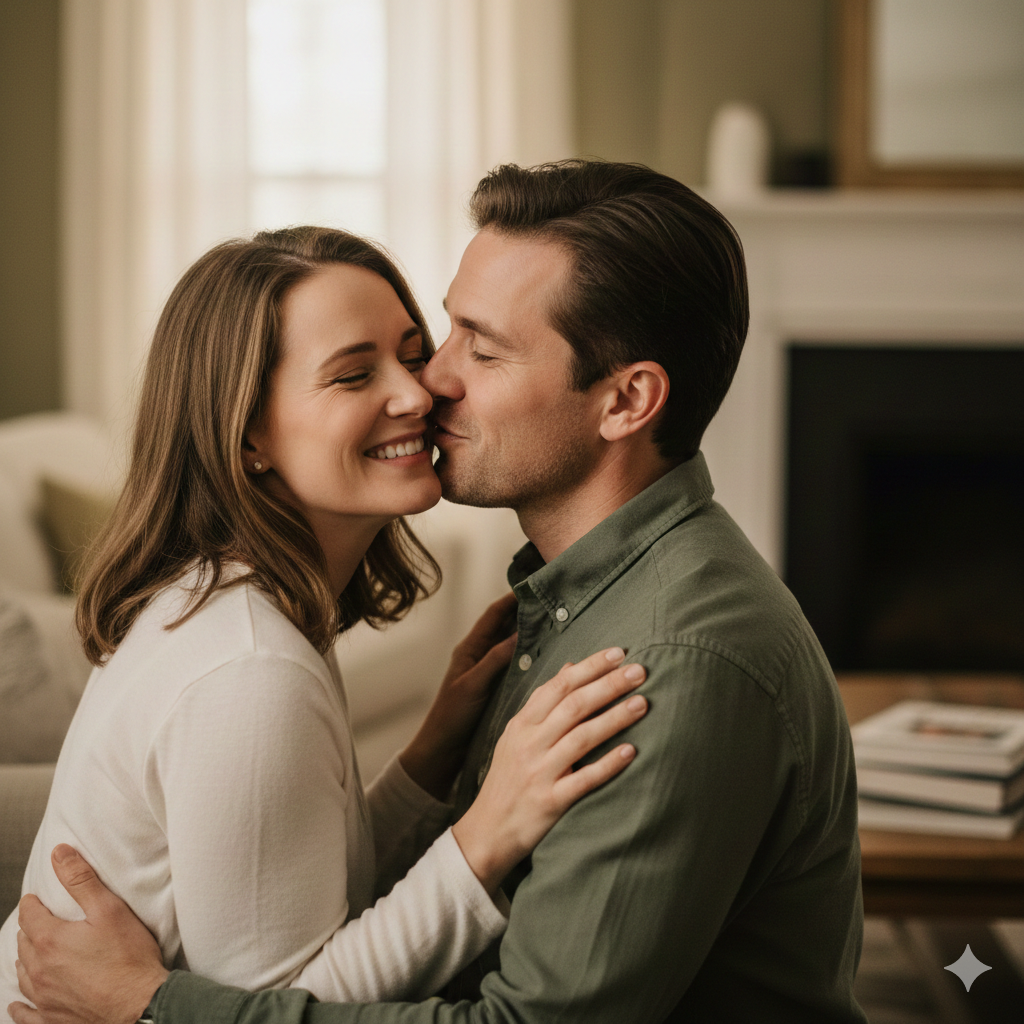 Romantic Cheek Kiss Between Adults with Emotional Expression