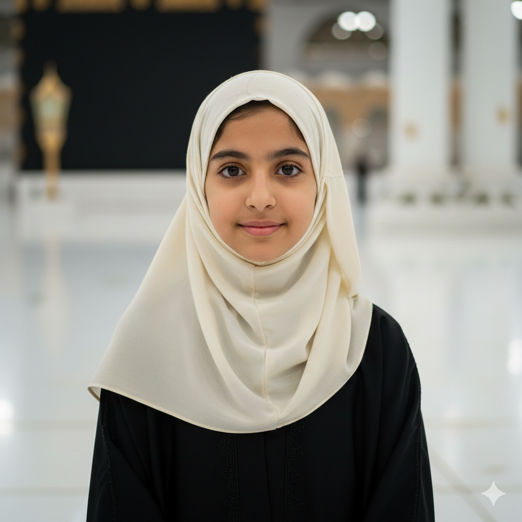 Modest Girl Portrait Near Masjid al‑Haram with Peaceful Expression