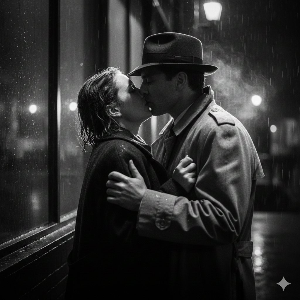 Cinematic Adult Couple Kiss with Moody Lighting