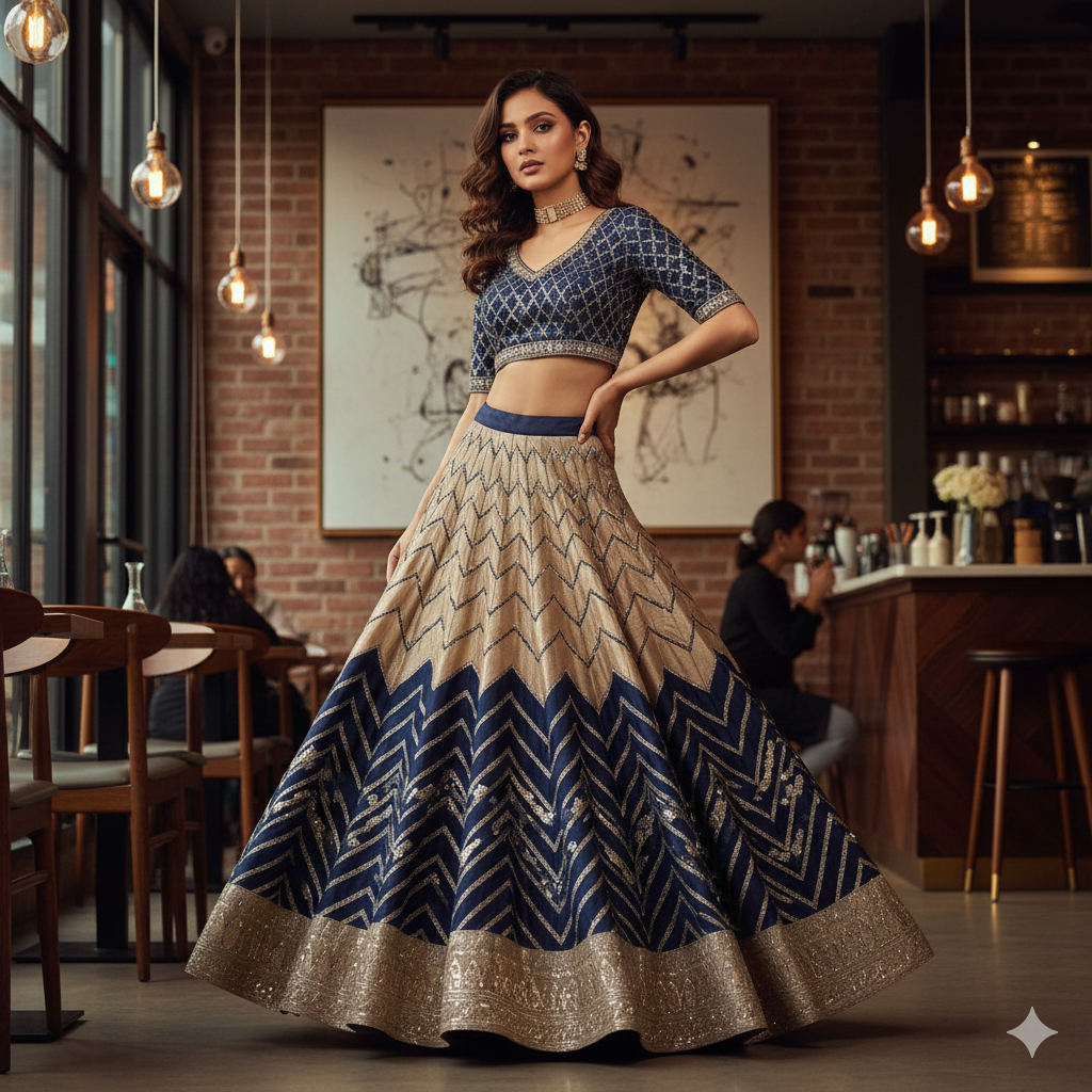 13. Modern Girl in Designer Lehenga with Traditional Touch