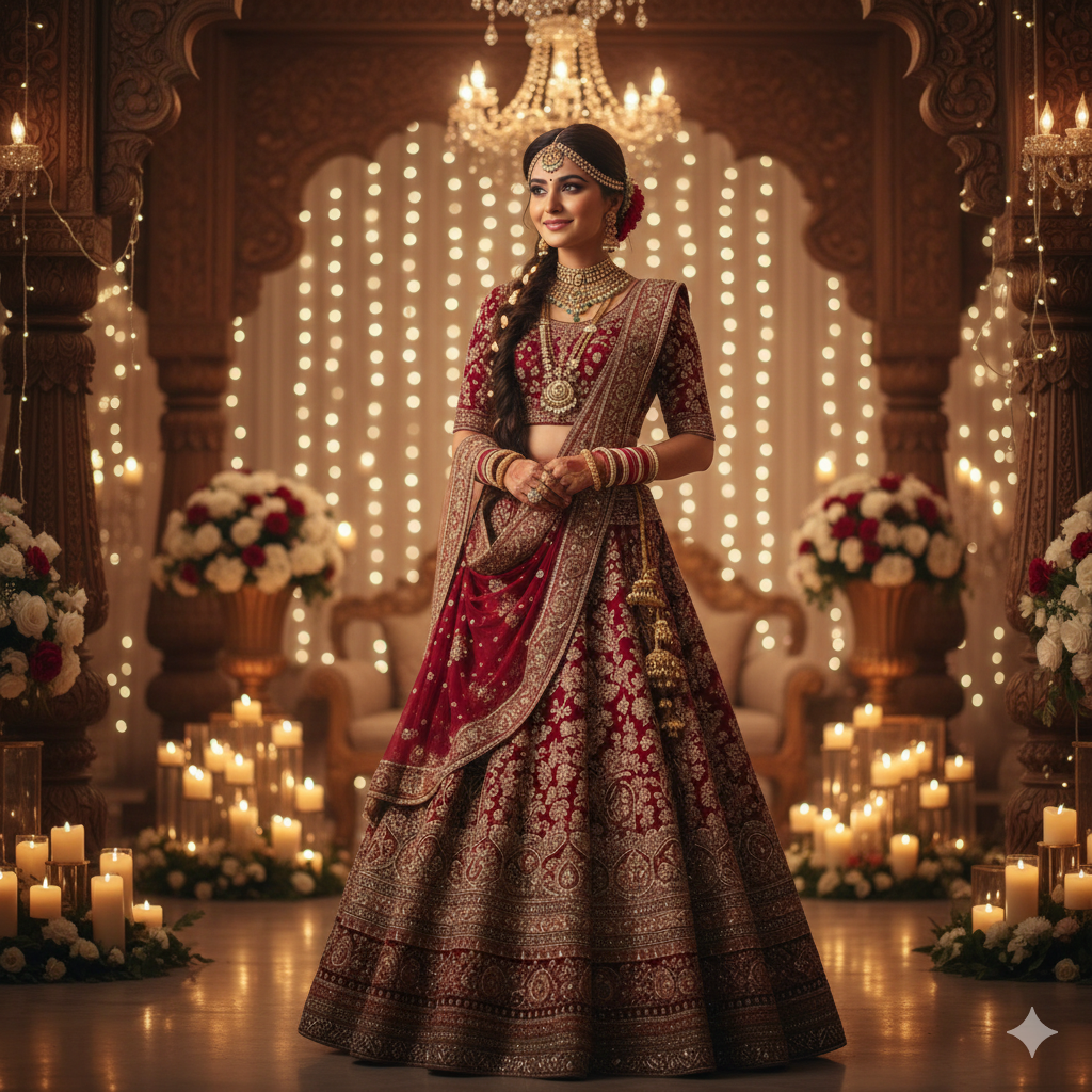 18. Wedding‑Style Lehenga Look with Soft Cinematic Lighting