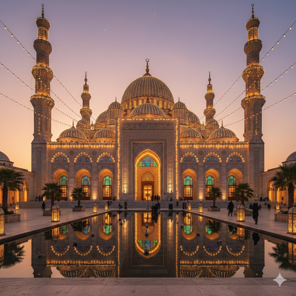 Beautiful Ramadan Mosque View with Glowing Lights