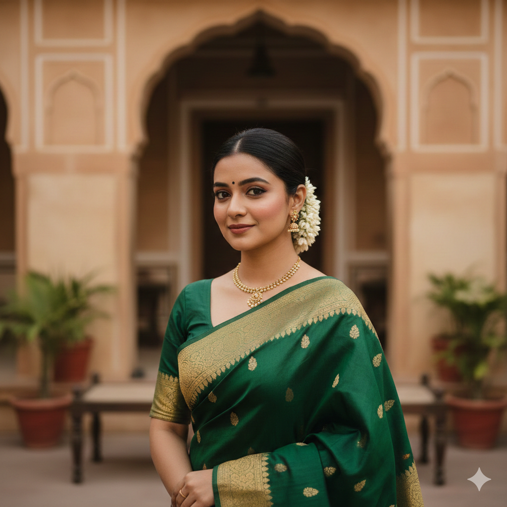 Traditional Saree Look with Minimal Makeup and Calm Expression