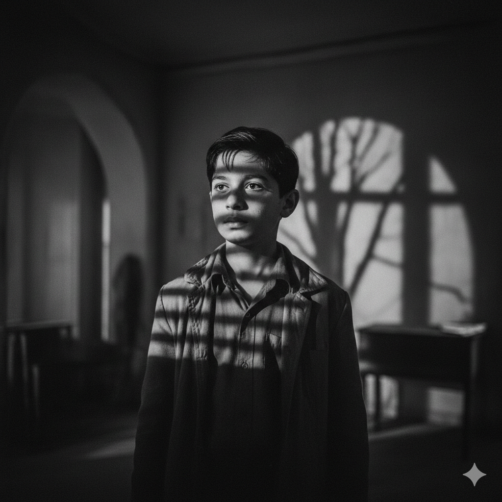 Black and White Boy Image with Cinematic Shadows