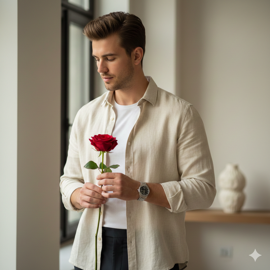 Stylish Boy Holding Red Rose with Soft Natural Lighting