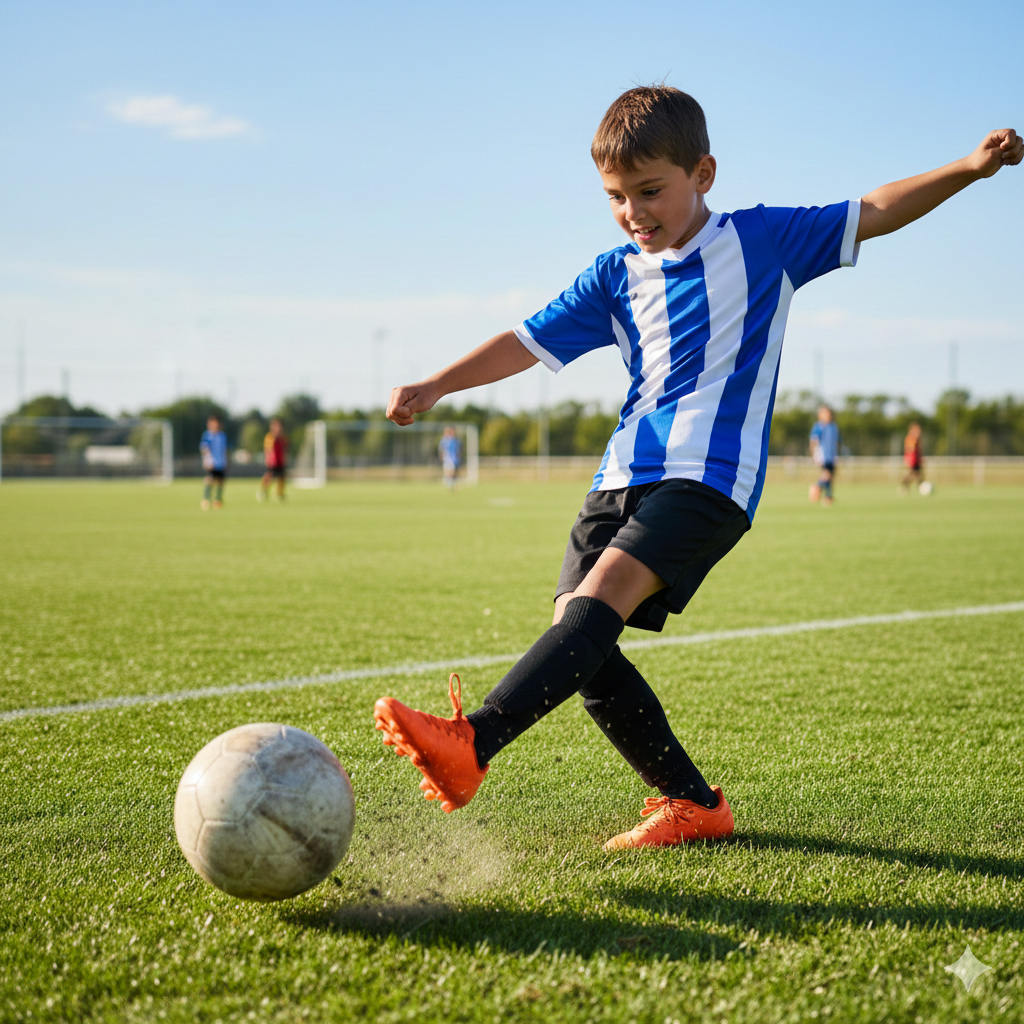 Energetic Boy Playing Soccer, Mid-Action Shot, Bright Daylight, Green Field