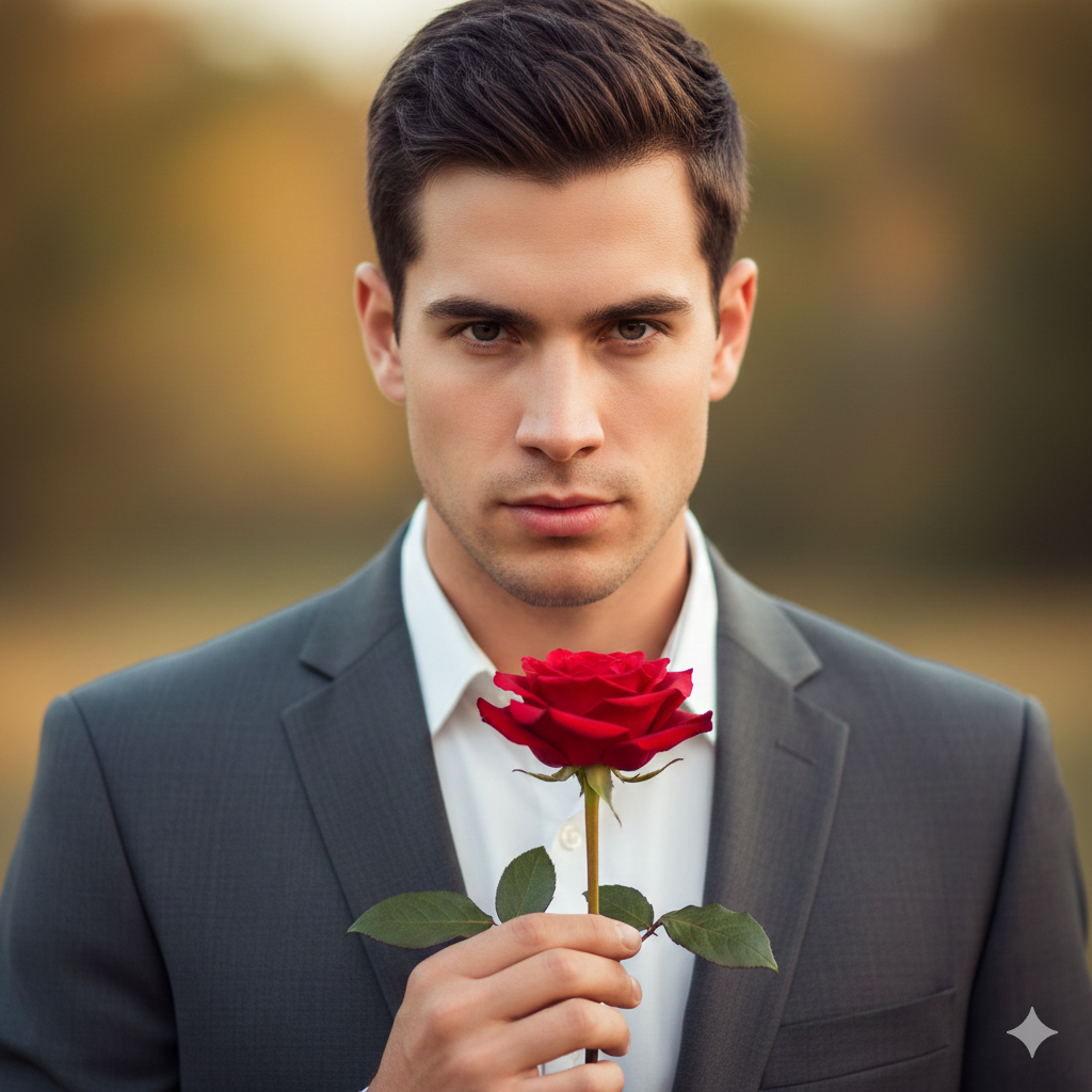 Confident Boy Holding Rose with Eye Contact