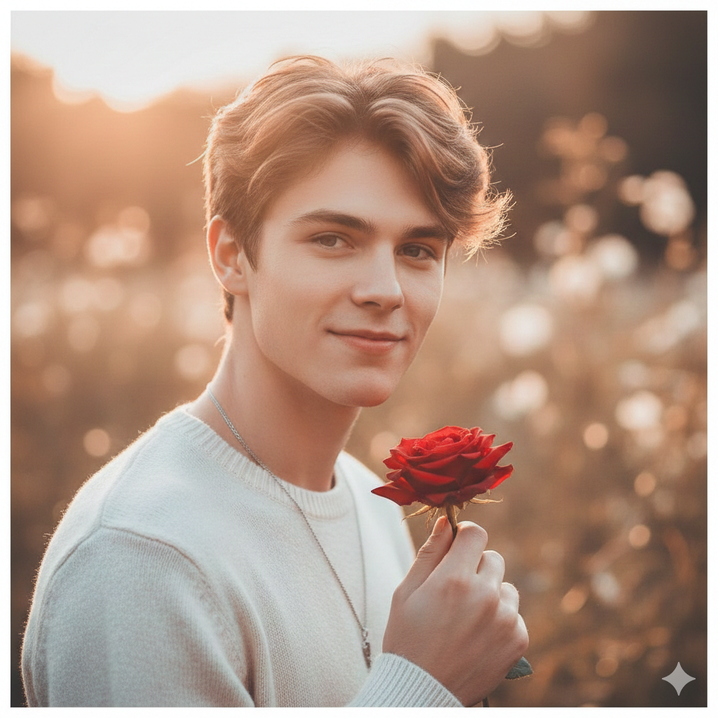 Instagram‑Style Boy Rose Portrait with Soft Glow
