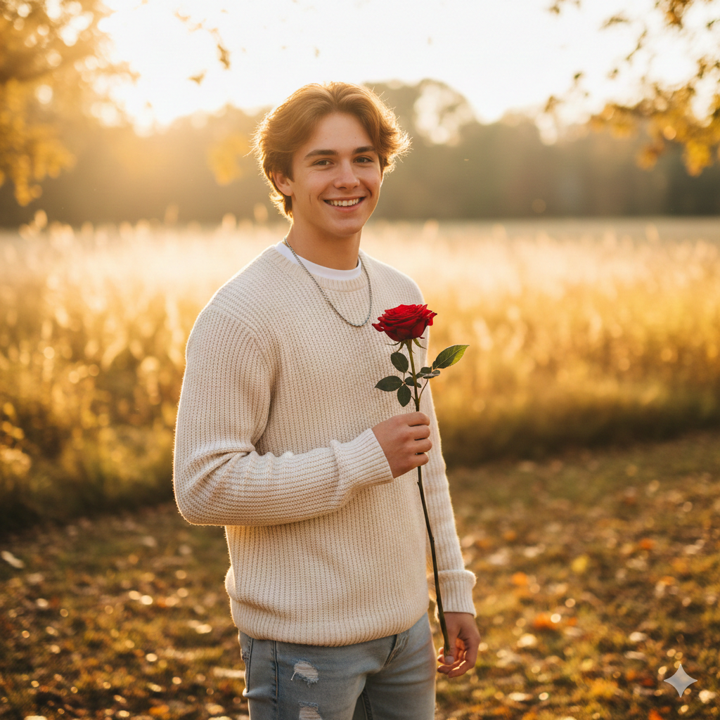 Trendy Boy Rose Photo with Warm Color Grading