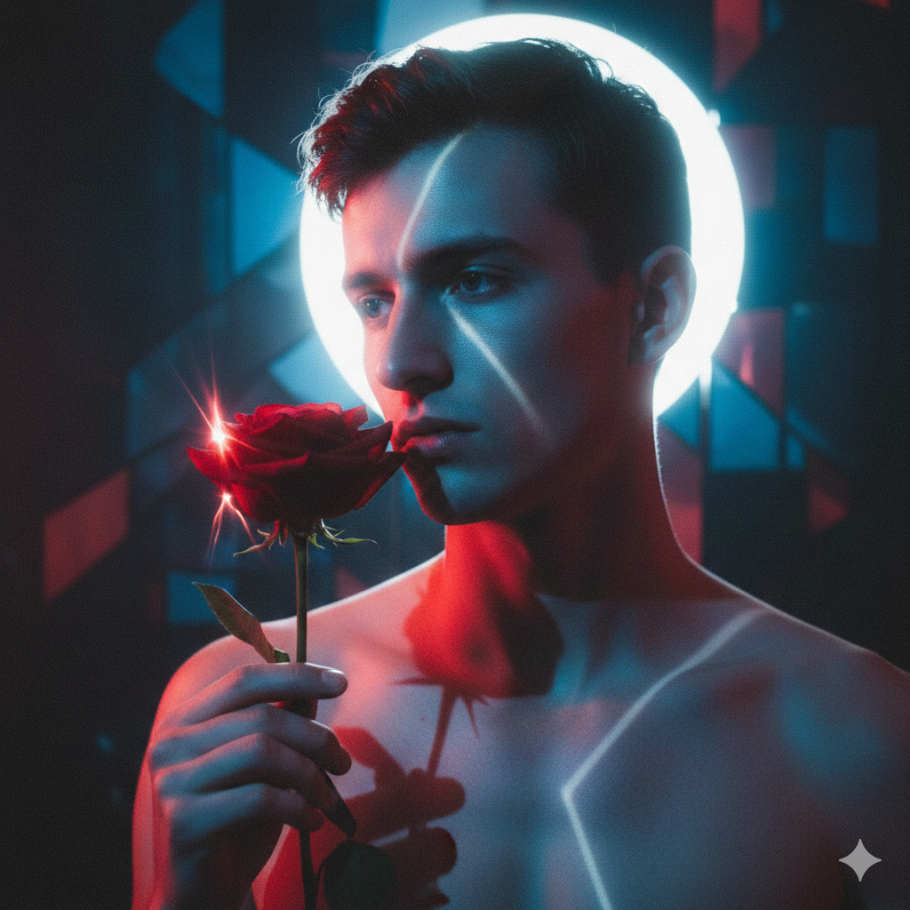 Artistic Boy Rose Portrait with Creative Lighting