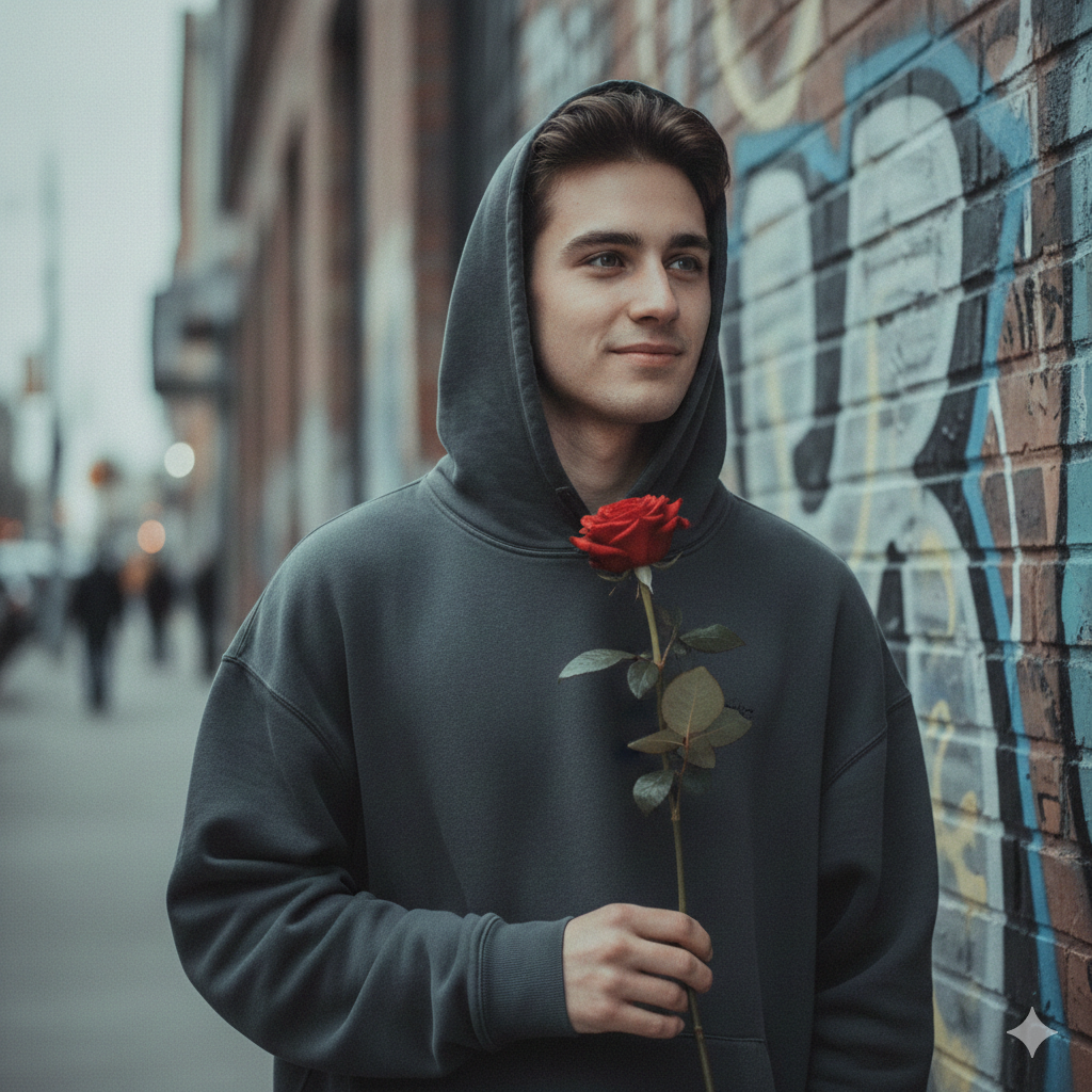 Trending Instagram Boy Portrait with Rose and Hoodie