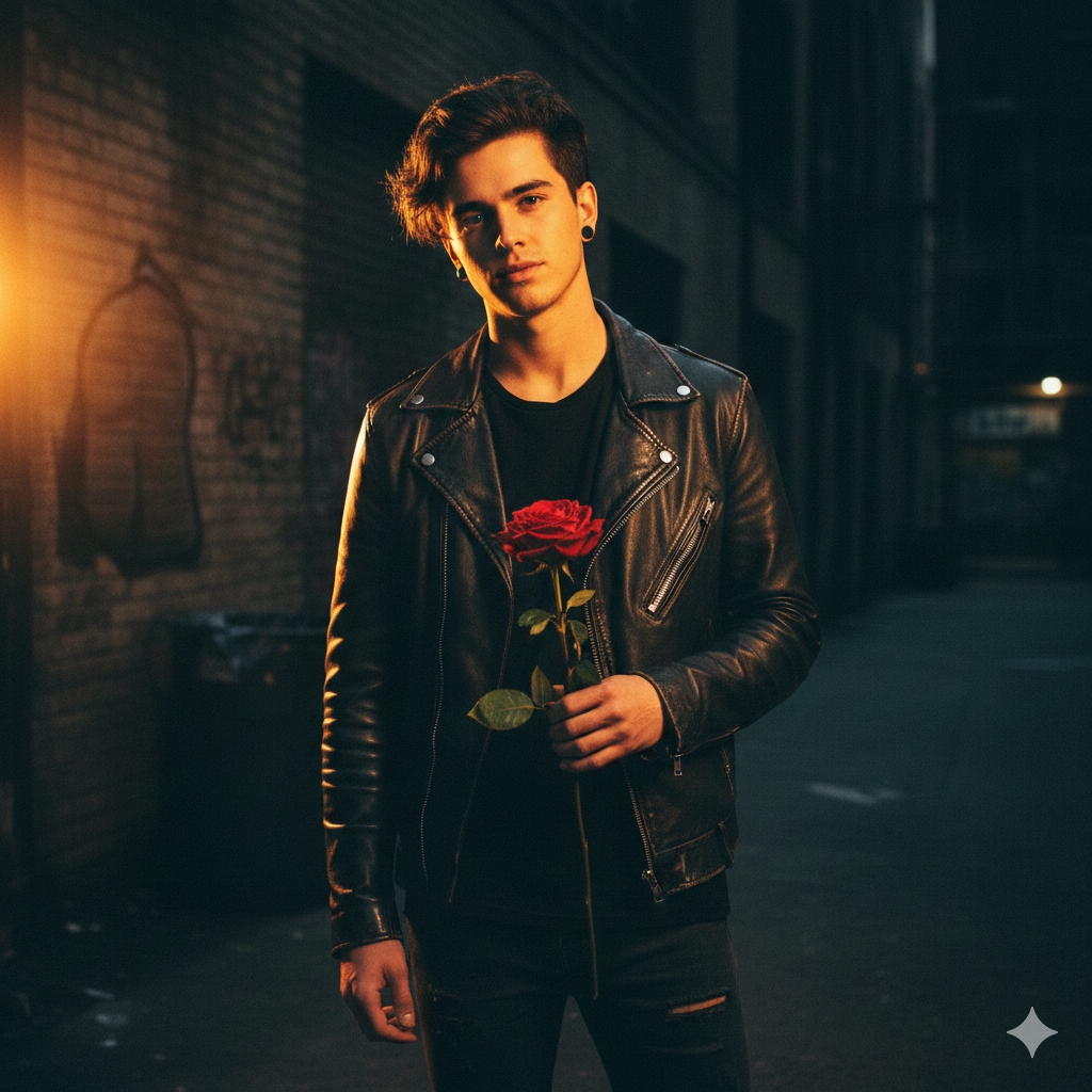 Attitude Boy with Rose in Hand and Dark Background