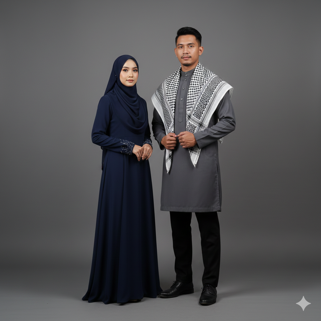 Studio-Style Muslim Couple Photo with Balanced Lighting