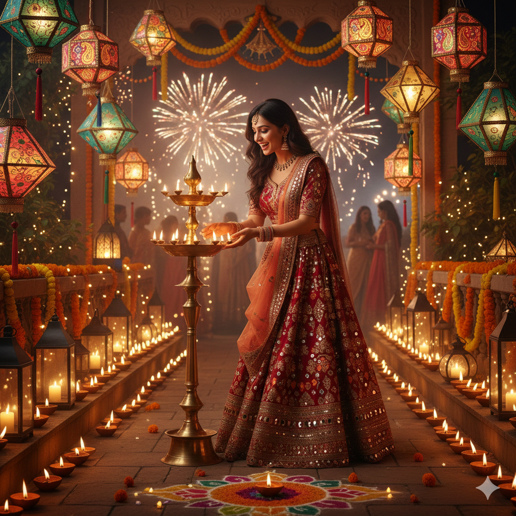 Festive Diwali Vibes with Girl and Decorative Lamps