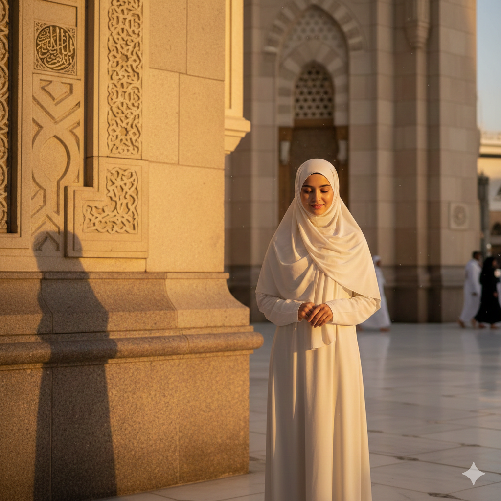 Respectful Girl in Hijab Near Masjid al‑Haram with Warm Lighting