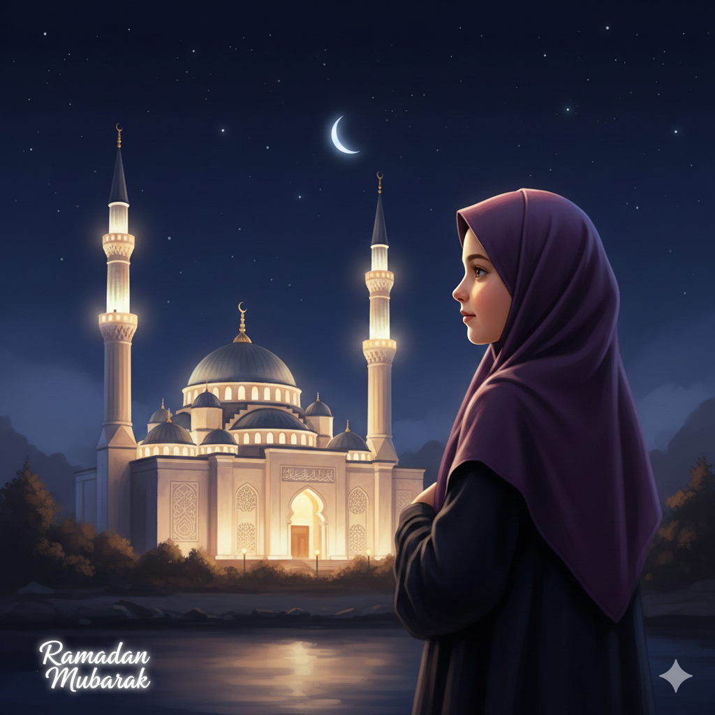 Ramadan Girl DP with Mosque Background at Night