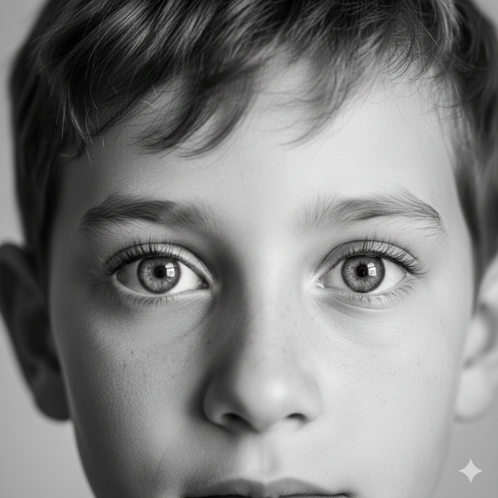 High‑Detail Black and White Boy Face Shot
