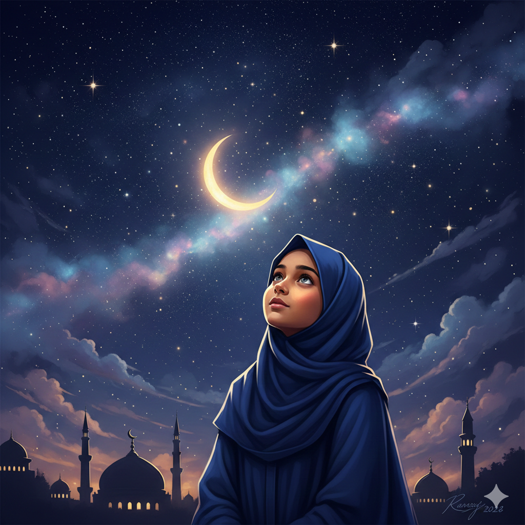 Ramadan Girl DP with Spiritual Night Sky Theme