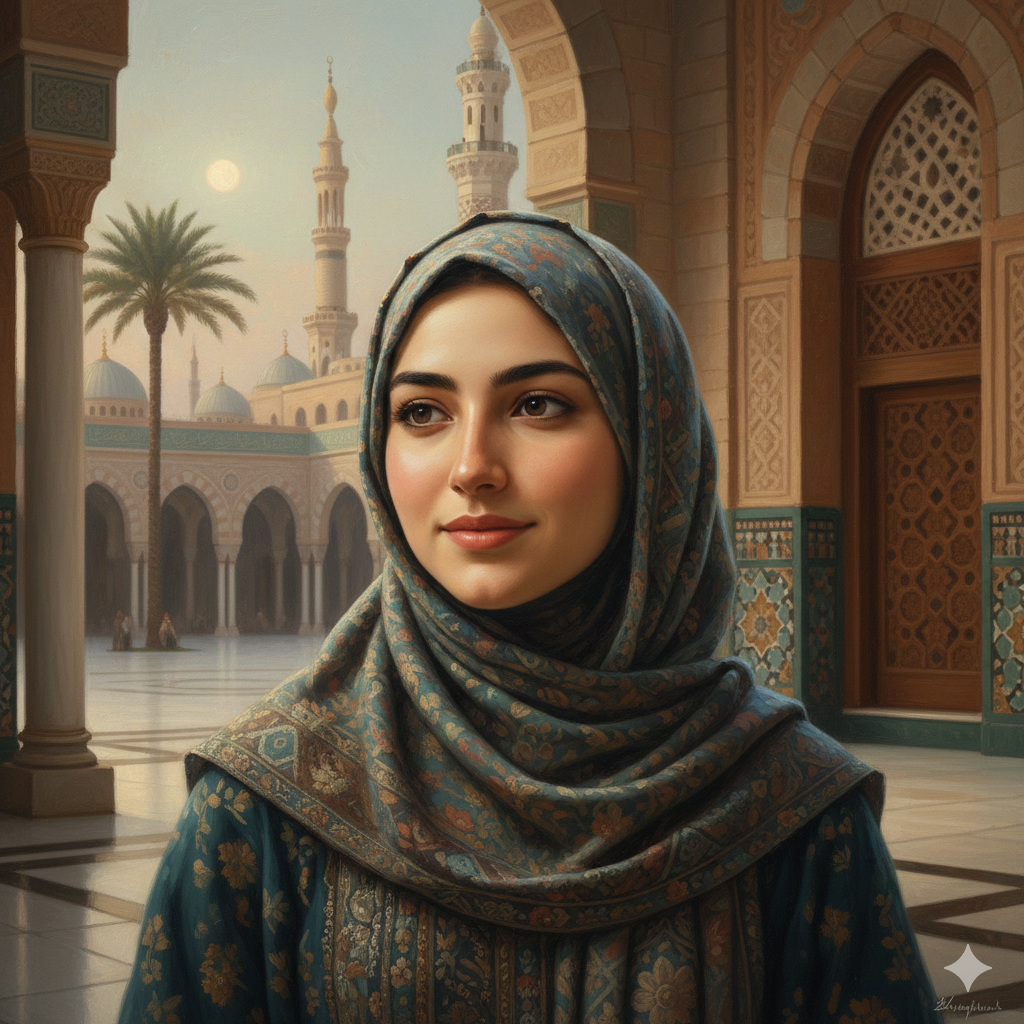 Serene Girl Portrait with Madina Mosque Courtyard Background