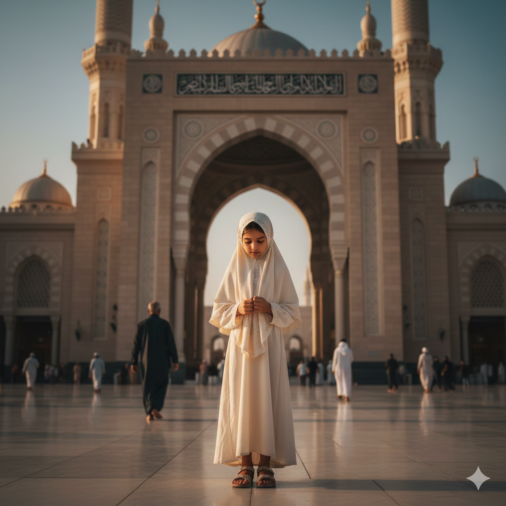 Girl Near Holy Mosque with Respectful Pose and Natural Lighting