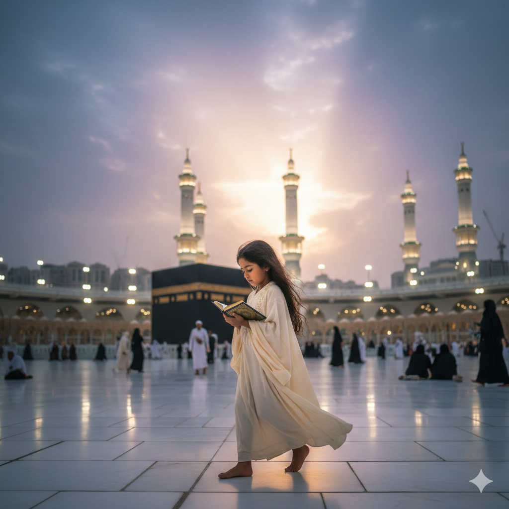 Peaceful Makkah Scene with Girl in Modest Dress and Soft Glow