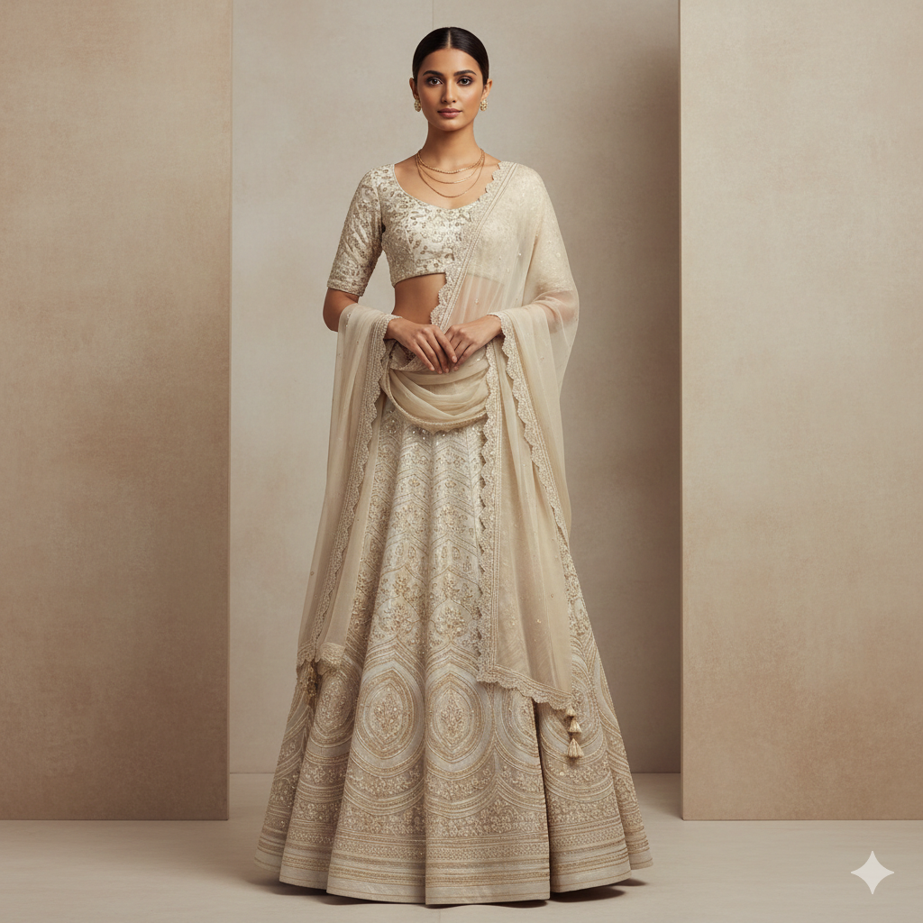 15. Elegant Lehenga Portrait with Neutral Color Palette