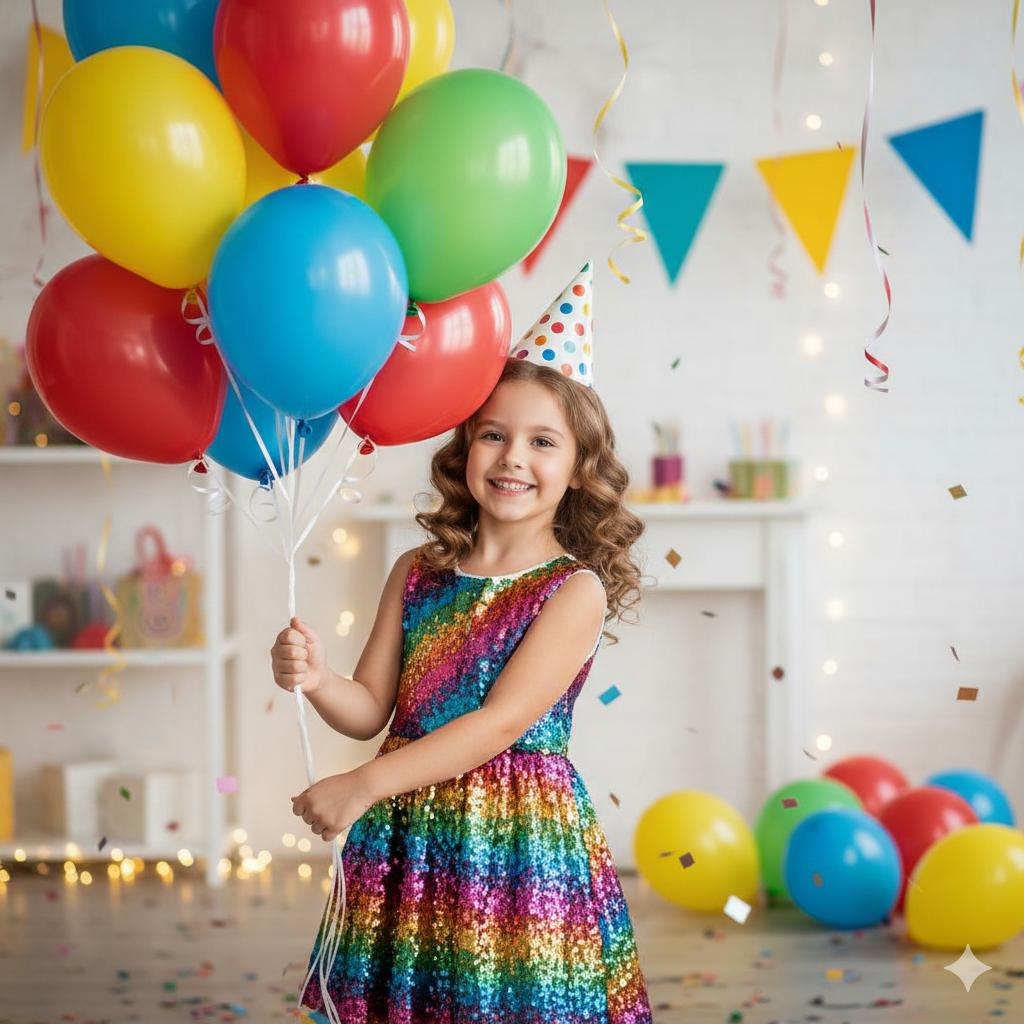 Birthday Girl Photo with Party Hat and Balloons