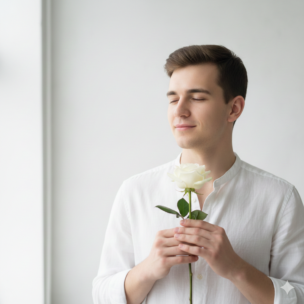 Boy with White Rose Calm and Clean Look