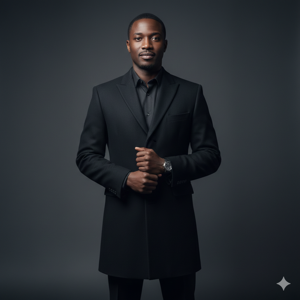 Classic Black Coat Suit Look with Confident Pose