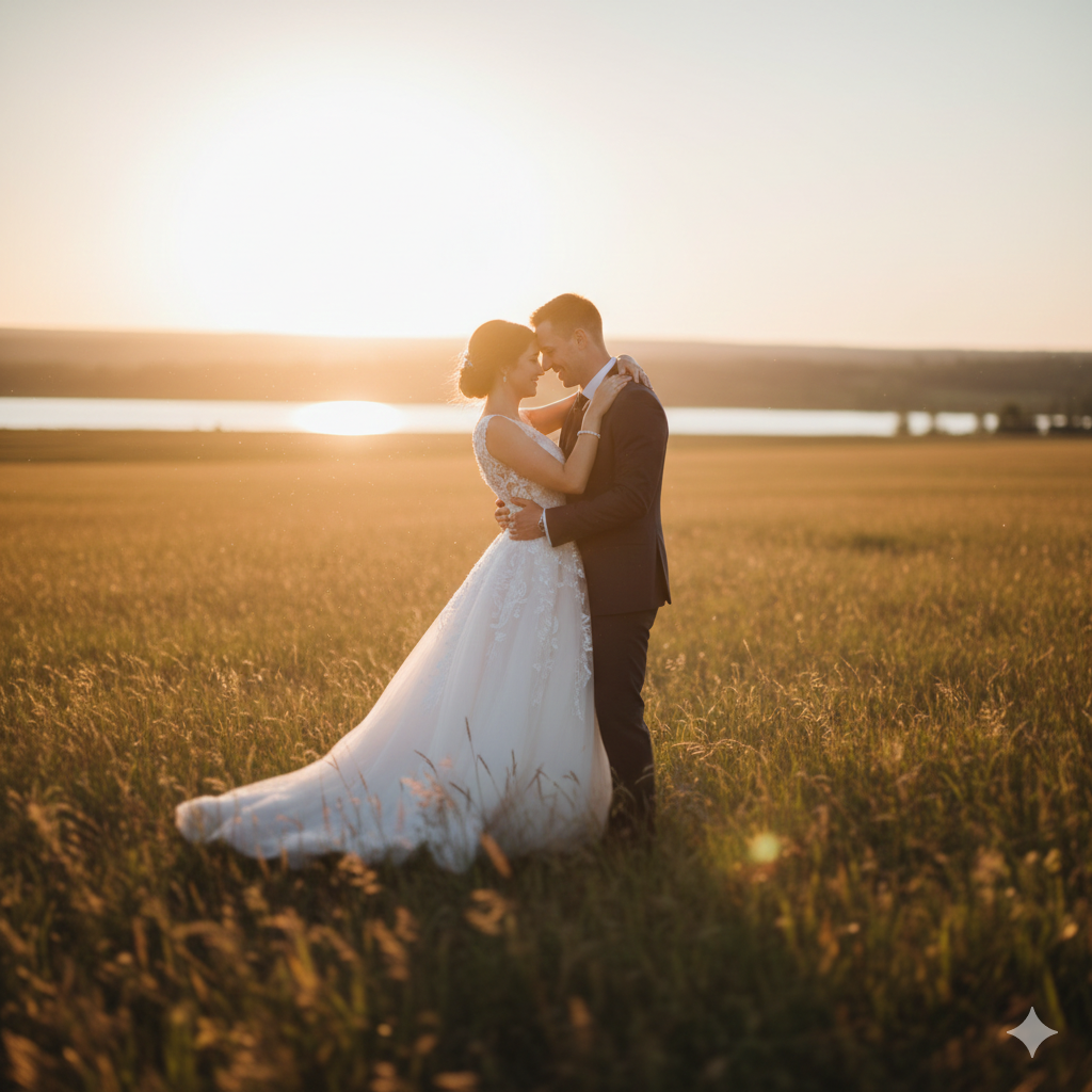 6. Outdoor Wedding Couple Photo with Golden Hour Light