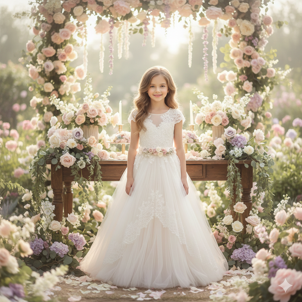Girl Wearing Birthday Dress with Floral Decorations