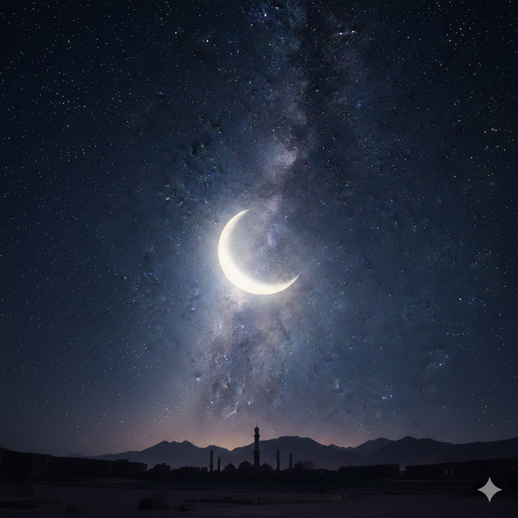 Night Sky Ramadan Image with Stars and Crescent