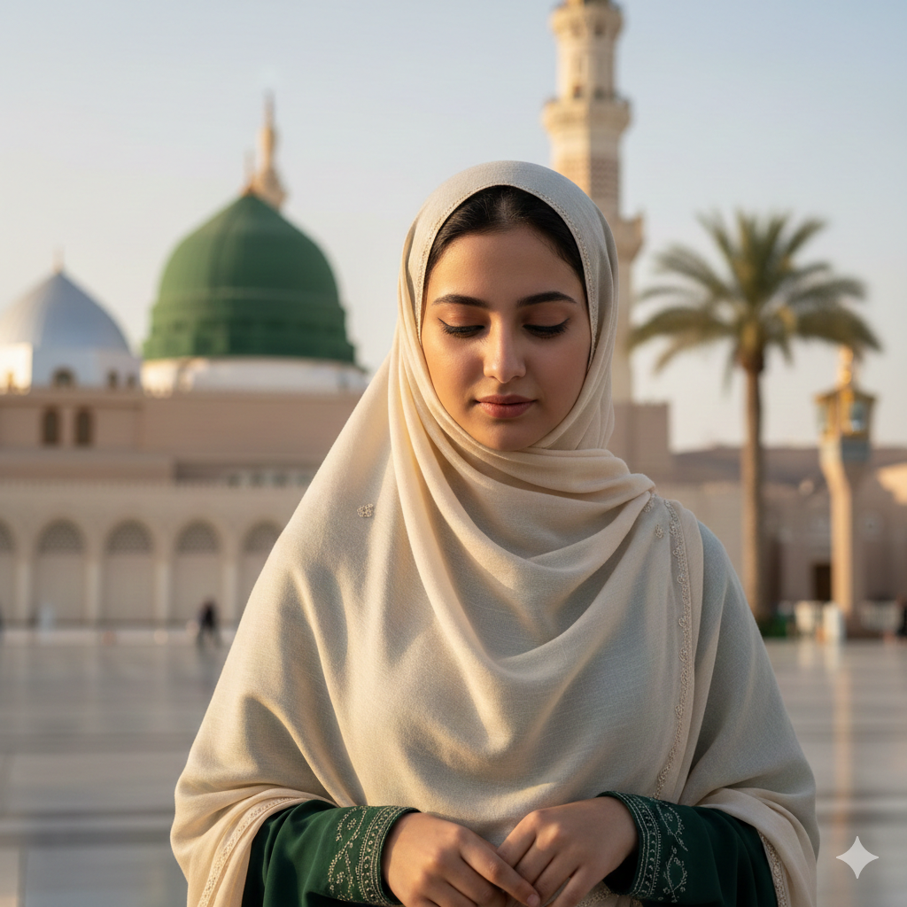 Modest Girl Portrait Near Masjid an‑Nabawi with Green Dome View