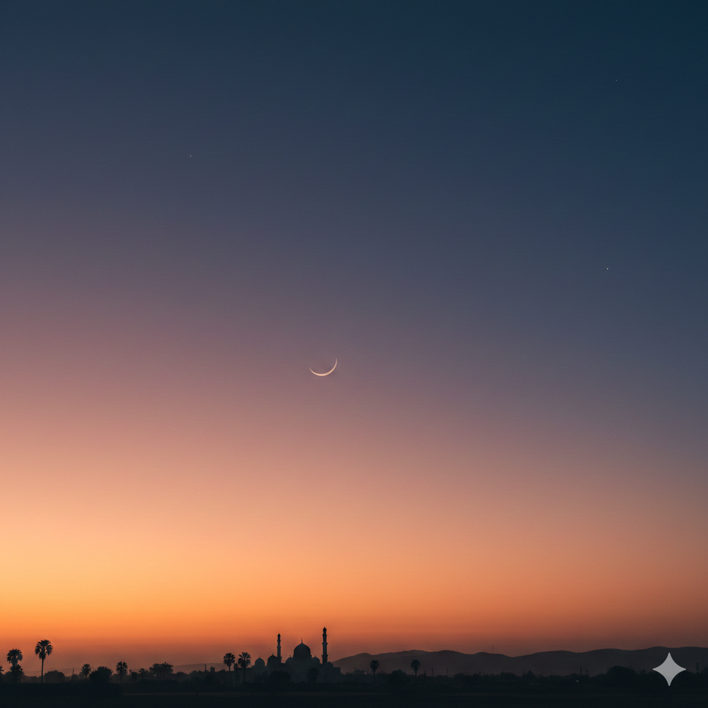 Calm Ramadan Evening Sky with Crescent Moon