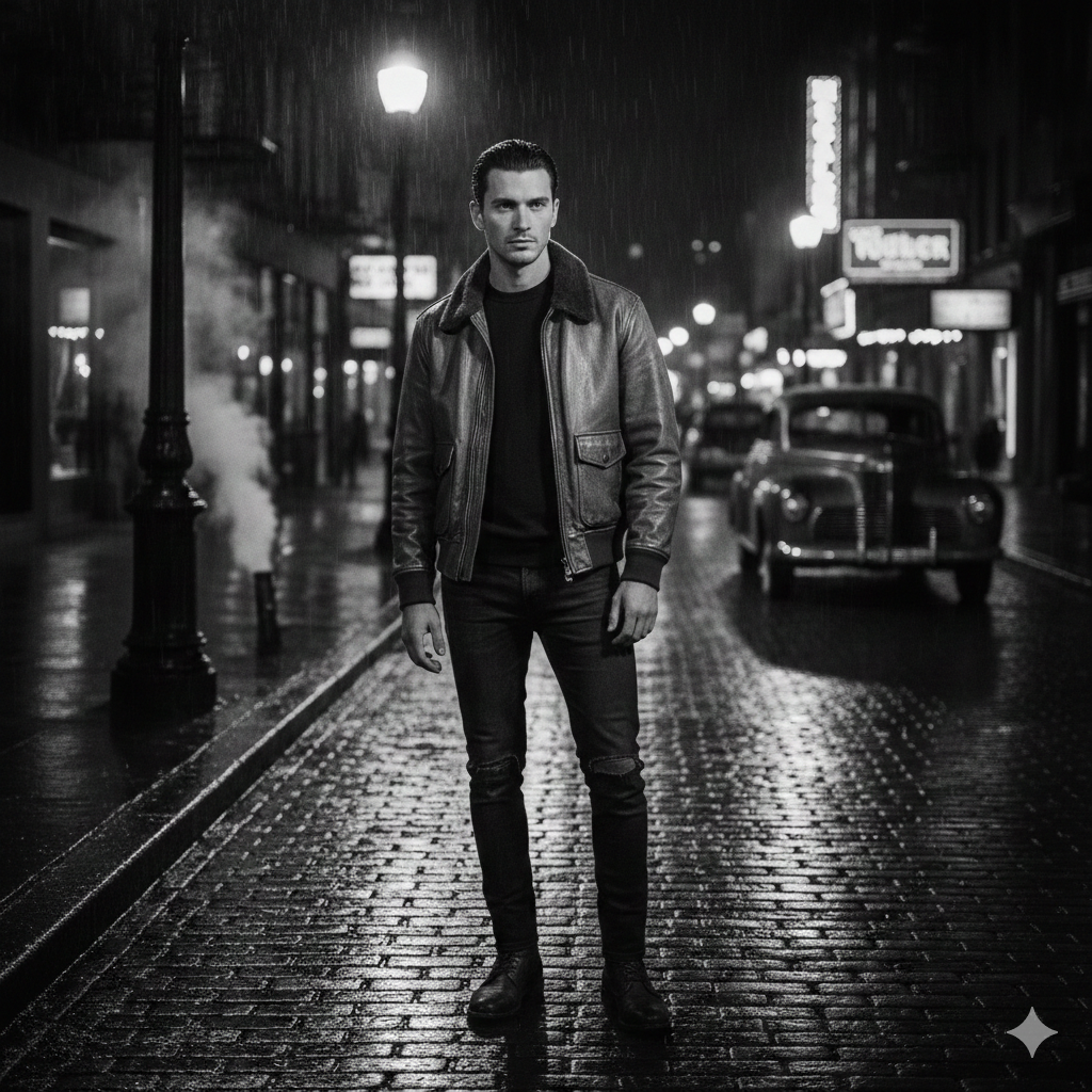 Stylish Boy in Vintage Leather Jacket, City Street at Night, Dramatic Shadows