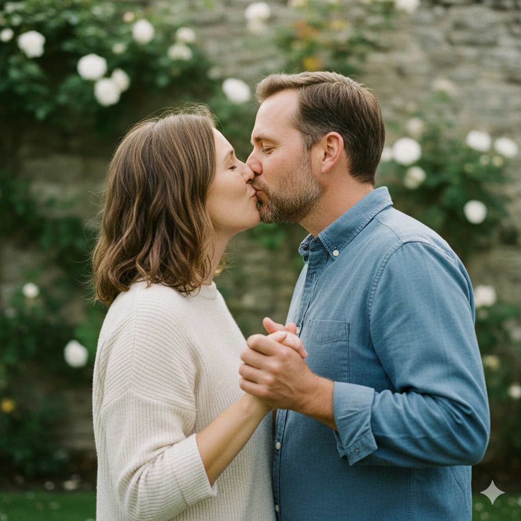 Adult Couple Sharing a Gentle Kiss with Natural Expressions