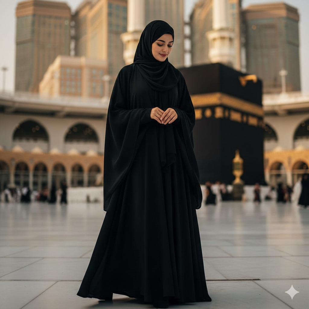 Modest Girl in Black Abaya with Spiritual Makkah Vibes