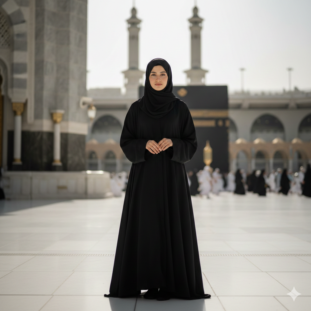 Girl in Abaya Standing in Makkah Courtyard with Soft Daylight