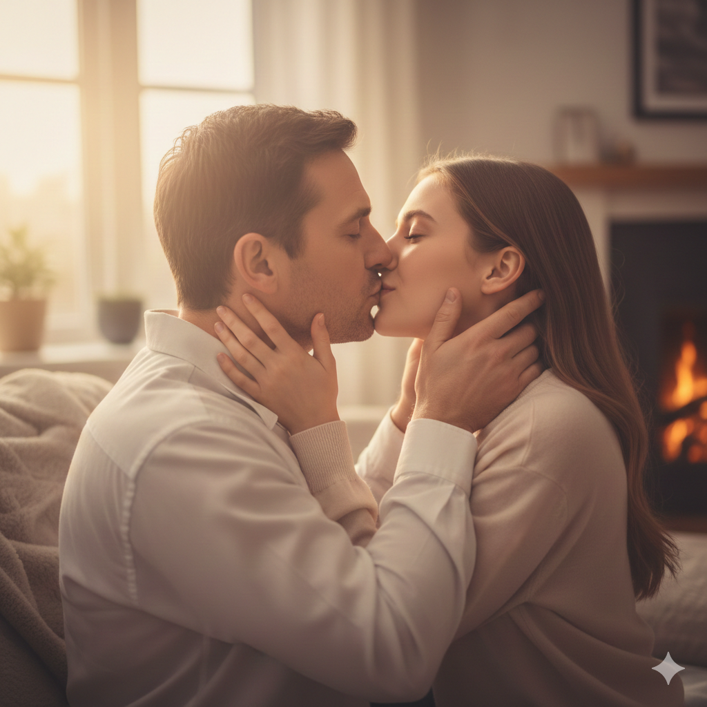 Romantic Adult Kiss with Gentle Expressions