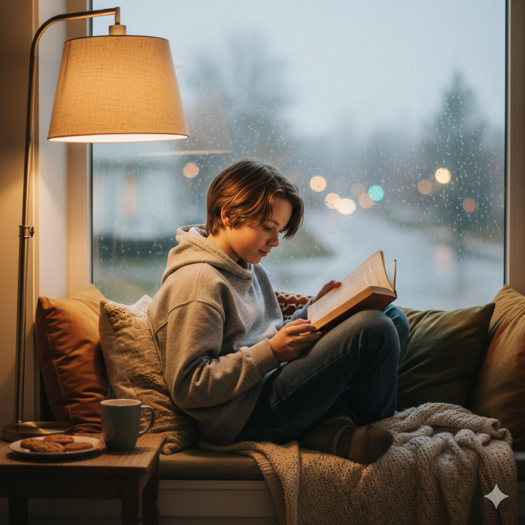 Preteen Boy Reading Book in Cozy Window Seat, Warm Indoor Lighting