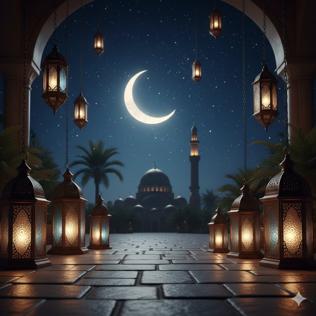 Serene Ramadan Night Scene with Crescent Moon and Lanterns