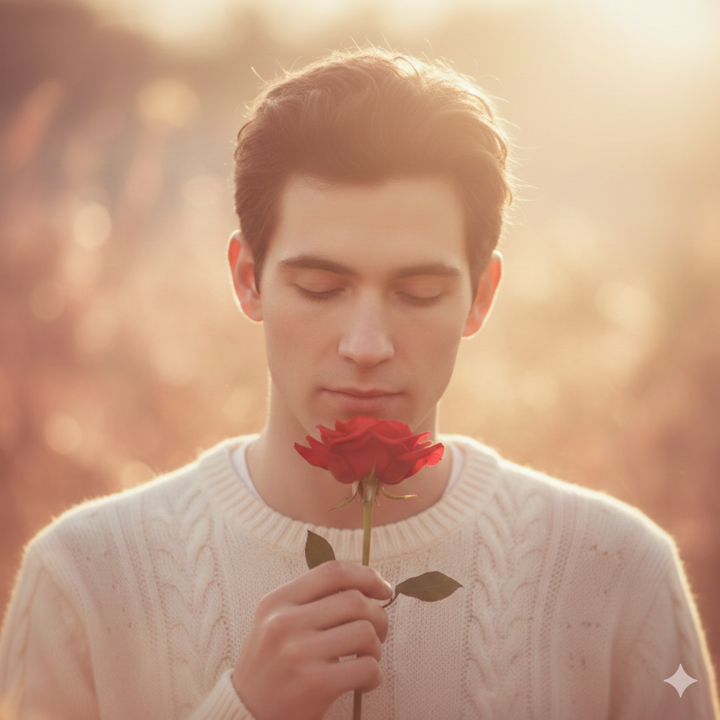 Romantic Boy Portrait with Rose and Calm Expression
